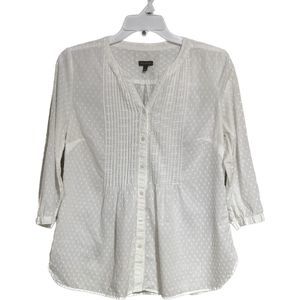 Talbots Petites S White Short Sleeve Button Down Pleated V Neck Shirt
